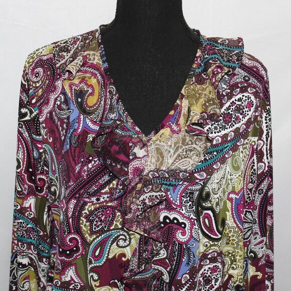 Chico's Paisley Top with V-neck and Puff Sleeves - Picture 2 of 8